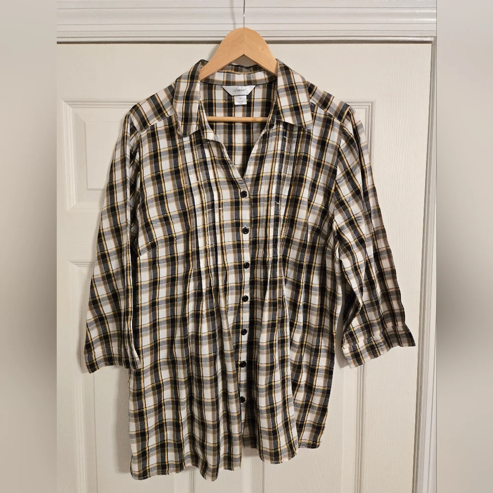 CJ Banks Women's Black And White Plaid Button Front Blouse Size 1X